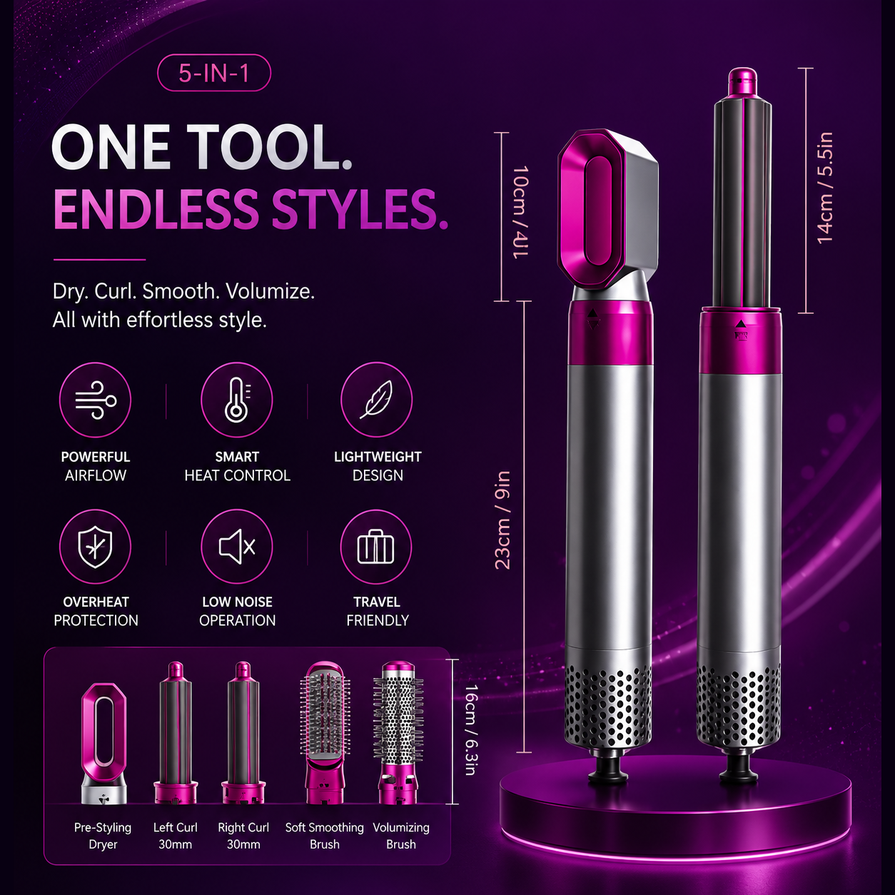 5-in-1 Hot Air Brush Styler – Auto Curling, Straightening, Volumizing Tool🪻